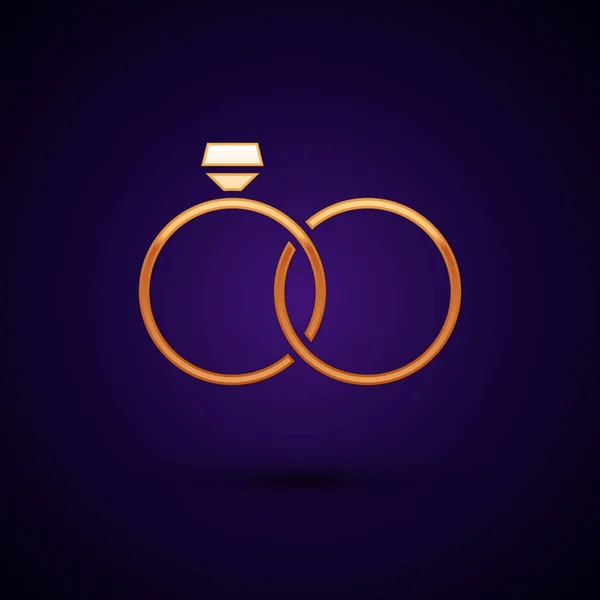 Icono de anillos de boda de oro aislado sobre fondo azul oscuro. Signo de joyería de novia y novio. Icono del matrimonio. Icono de anillo de diamante. Ilustración vectorial — Vector de stock