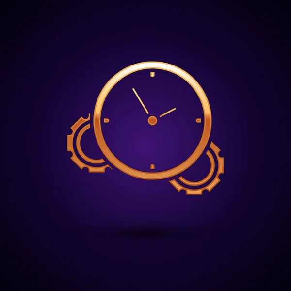 Ícone Gold Time Management isolado no fundo azul escuro. Relógio e sinal de marcha. Símbolo de produtividade. Ilustração vetorial — Vetor de Stock