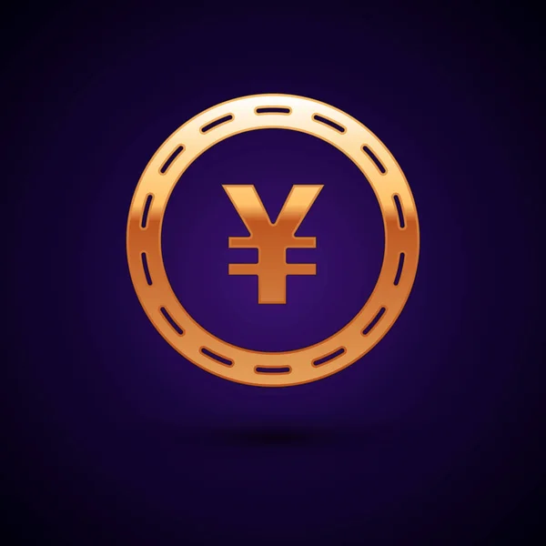 Guld mynt pengar med yen symbol ikonen isolerad på Mörkblå bakgrund. Bank valutatecken. Cash-symbol. Vektor illustration — Stock vektor