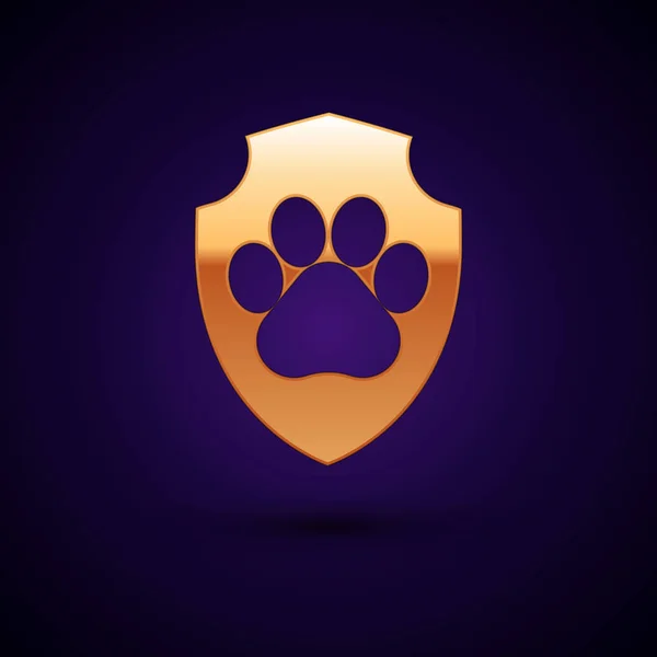 Gouden diergezondheid verzekering pictogram geïsoleerd op donker blauwe achtergrond. Huisdier bescherming icoon. Hond of kat Paw Print. Vector illustratie — Stockvector