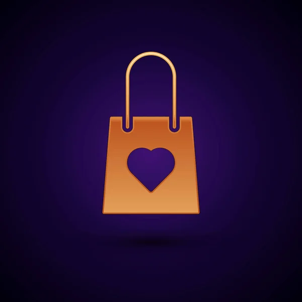 Goldfarbene Einkaufstasche mit Herz-Symbol auf dunkelblauem Hintergrund. Shopping Bag Shop Liebe wie Herz Ikone. Valentinstag-Symbol. Vektorillustration — Stockvektor