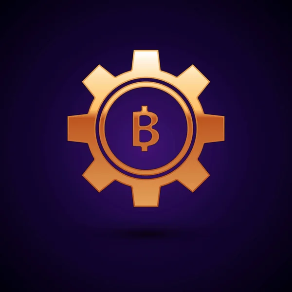 Gouden Cryptogeld munt Bitcoin pictogram geïsoleerd op donker blauwe achtergrond. Gear en Bitcoin-instelling. Blockchain gebaseerde Secure crypto-valuta. Vector illustratie — Stockvector