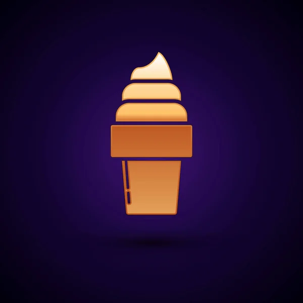 Gold Ice cream in waffle cone icon isolated on dark blue background. Sweet symbol. Vector Illustration — Stock Vector