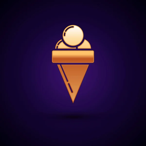 Gold Ice cream in waffle cone icon isolated on dark blue background. Sweet symbol. Vector Illustration — Stock Vector