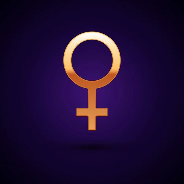Icono de símbolo de género femenino dorado aislado sobre fondo azul oscuro. Símbolo Venus. El símbolo de un organismo femenino o una mujer. Ilustración vectorial — Vector de stock