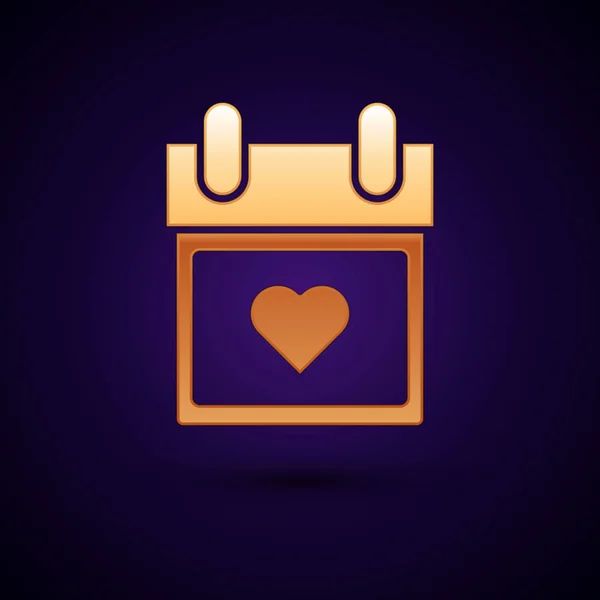 Calendario in oro con icona del cuore isolato su sfondo blu scuro. San Valentino. Simbolo d'amore. 14 febbraio. Illustrazione vettoriale — Vettoriale Stock