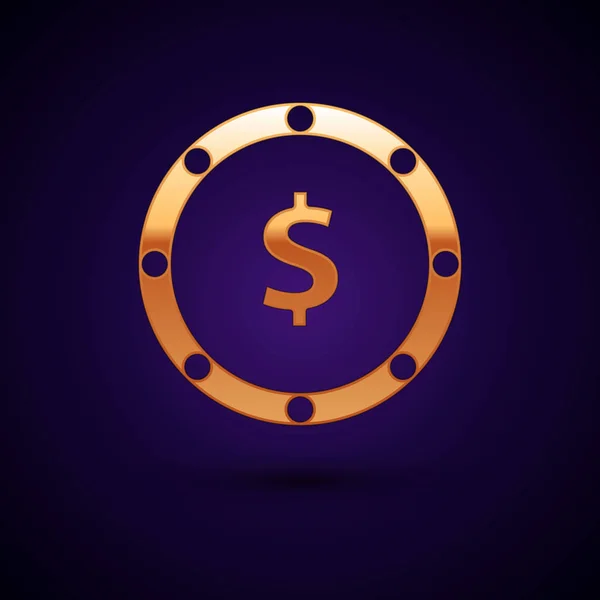 Monnaie en or avec icône symbole dollar isolé sur fond bleu foncé. Signe de devise bancaire. Symbole cash. Illustration vectorielle — Image vectorielle