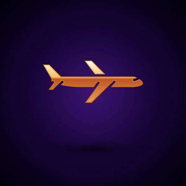 ไอคอนเครื่องบินสีทองถูกแยกจากพื้นหลังสีน้ําเงินเข้ม ไอคอนเครื่องบินบิน สัญญาณเครื่องบิน ภาพวาดเวกเตอร์ — ภาพเวกเตอร์สต็อก