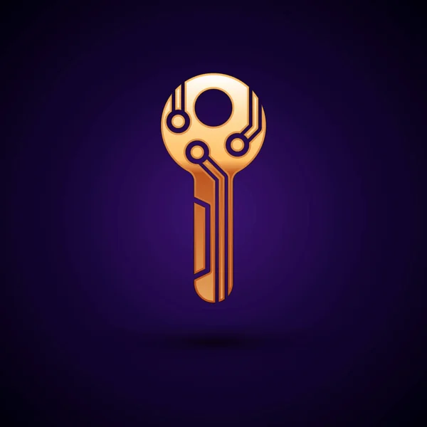Ikona klíče Gold Kryptocurrency je izolována na tmavém modrém pozadí. Koncept kybernetického zabezpečení nebo soukromého klíče, digitálního klíče s technologickým rozhraním. Vektorová ilustrace — Stockový vektor