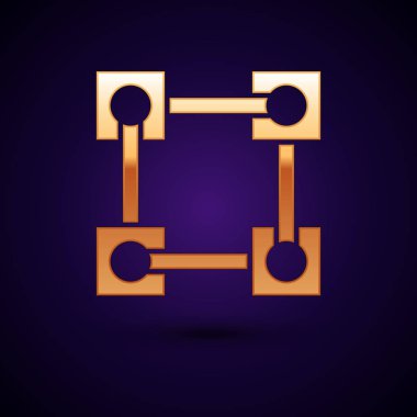 Altın Blockchain teknoloji simgesi koyu mavi arka plan üzerinde izole. Kripto para birimi verileri. Soyut geometrik blok zincir ağ teknolojisi iş. Vektör İllüstrasyonu
