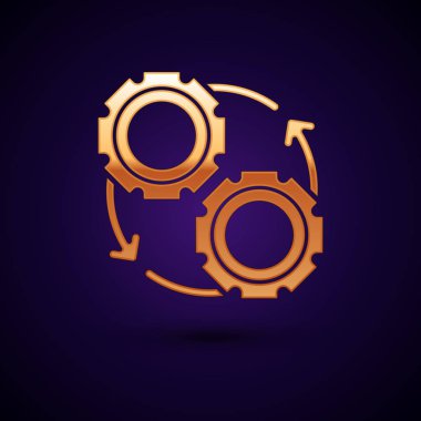 Altın Dişli ve oklar iş akışı süreci kavram simgesi olarak koyu mavi arka planda izole. Dişli yeniden yükleme işareti. Vektör İllüstrasyonu