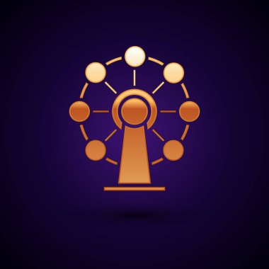 Altın dönme dolap simgesi koyu mavi arka plan üzerinde izole. Lunapark. Çocuk eğlence oyun alanı, eğlence parkı. Vektör İllüstrasyonu