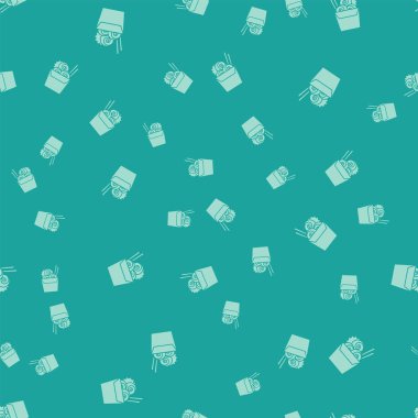 Kağıt kutu ve yemek çubukları simgesi yeşil arka plan üzerinde izole dikişsiz desen Yeşil Asya erişte. Sokak fast food menüsü. Kore, Japon, Çin yemeği. Vektör İllüstrasyonu