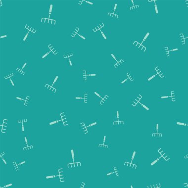 Yeşil Bahçe tırmık simgesi yeşil arka plan üzerinde sorunsuz desen izole. Bahçecilik, tarım, tarım için bir araç. Yer kültivatör. Temizlik ekipmanları. Vektör İllüstrasyonu