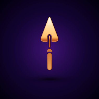 Altın Bahçe mala maça veya kürek simgesi koyu mavi arka plan izole. Bahçıvanlık aleti. Bahçecilik, tarım, tarım için bir araç. Vektör İllüstrasyonu