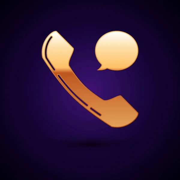 Auricular Gold Telephone y el icono del chat de burbujas de voz aislados sobre fondo azul oscuro. Señal telefónica. Ilustración vectorial — Archivo Imágenes Vectoriales