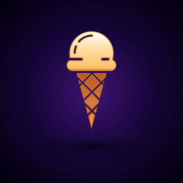 Gold Ice cream in waffle cone icon isolated on dark blue background. Sweet symbol. Vector Illustration — Stock Vector