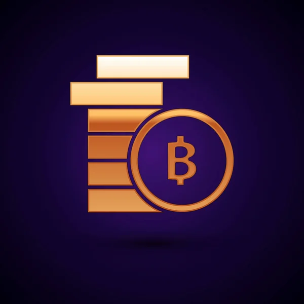 Gouden Cryptogeld munt Bitcoin pictogram geïsoleerd op donker blauwe achtergrond. Fysieke bit munt. Blockchain gebaseerde Secure crypto-valuta. Vector illustratie — Stockvector