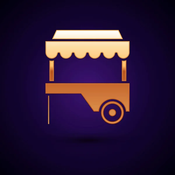 Carro de comida callejera Gold Fast con icono de toldo aislado sobre fondo azul oscuro. Quiosco urbano. Ilustración vectorial — Archivo Imágenes Vectoriales