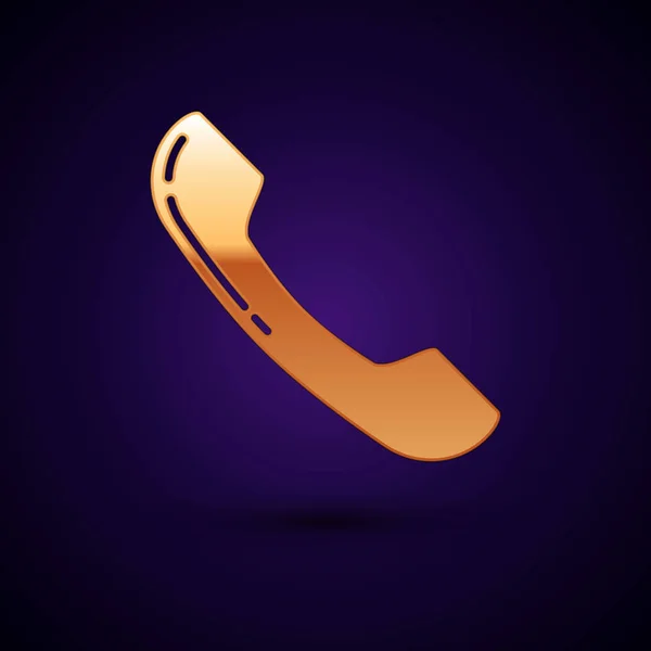 Ikona zlaté telefonní sluchátko izolovaná na tmavě modrém pozadí. Telefonní značka. Vektorová ilustrace — Stockový vektor