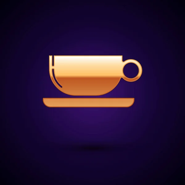 Goldene Kaffeetasse flaches Symbol isoliert auf dunkelblauem Hintergrund. Teetasse vorhanden. Heißgetränk Kaffee. Vektorillustration — Stockvektor