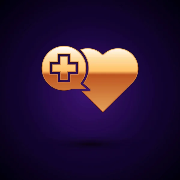 Gouden hart met een kruis icoon geïsoleerd op donker blauwe achtergrond. Eerste hulp. Gezondheidszorg, medische en apotheek teken. Vector illustratie — Stockvector