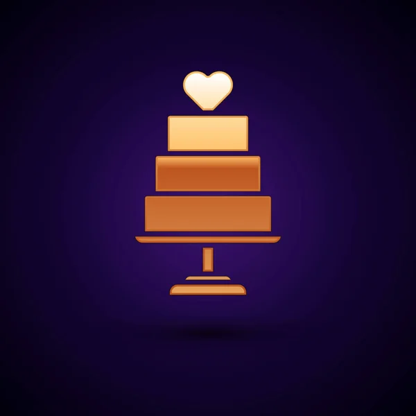 Pastel de boda de oro con icono del corazón aislado sobre fondo azul oscuro. Ilustración vectorial — Vector de stock