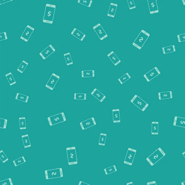 Smartphone verde com ícone símbolo dólar isolado padrão sem costura no fundo verde. Conceito de compras online. Ícone de telefone celular financeiro. Pagamento online. Ilustração vetorial — Vetor de Stock