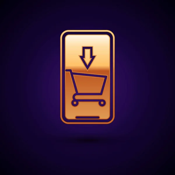 Goldenes Handy und Warenkorb-Symbol isoliert auf dunkelblauem Hintergrund. Online-Kauf-Symbol. Supermarkt-Warenkorb Symbol. Vektorillustration — Stockvektor