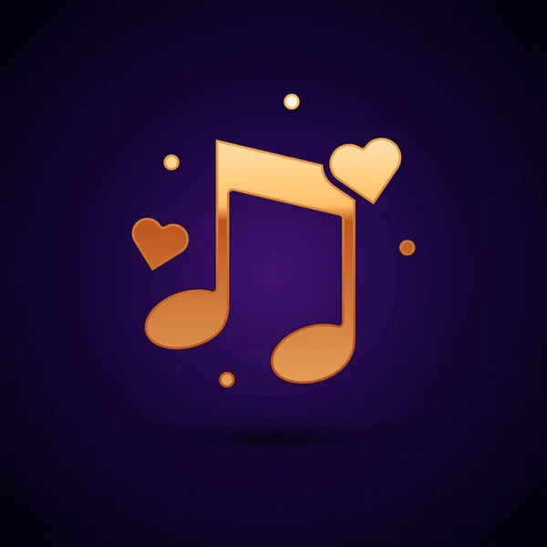 Gold Music jegyzet, hang a szív ikon izolált sötétkék háttér. Vektoros illusztráció — Stock Vector