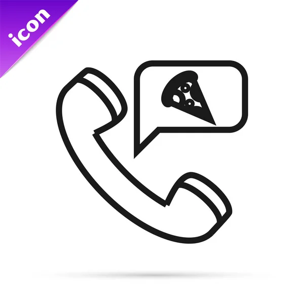 Zwarte lijn Eten bestellen pizza pictogram geïsoleerd op witte achtergrond. Bestellen via mobiele telefoon. Restaurant food delivery concept. Vector Illustratie — Stockvector