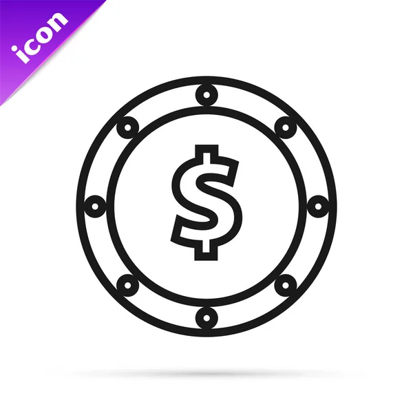Linea nera Moneta con icona simbolo dollaro isolato su sfondo bianco. Bancario segno di valuta. Simbolo contanti. Illustrazione vettoriale — Vettoriale Stock