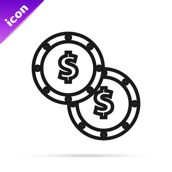 Línea negra Moneda de dinero con símbolo de dólar icono aislado sobre fondo blanco. Signo de moneda bancaria. Símbolo efectivo. Ilustración vectorial — Vector de stock