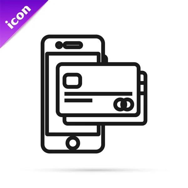 Blackline-Handy und Kreditkartensymbol isoliert auf weißem Hintergrund. Smartphone-Online-Bezahlkonzept. nfc Zahlung. Transfersymbol. Vektorillustration — Stockvektor