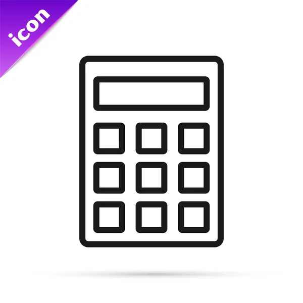 Icona calcolatrice linea nera isolata su sfondo bianco. Simbolo contabile. Calcoli aziendali educazione matematica e finanza. Illustrazione vettoriale — Vettoriale Stock