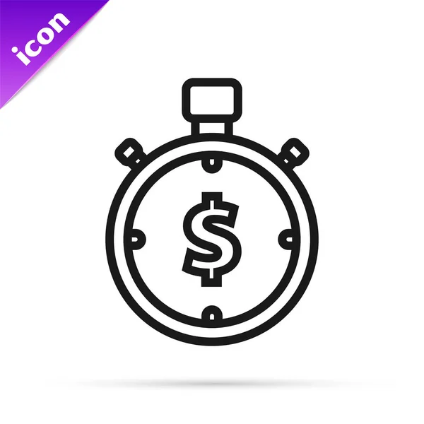 Línea negra El tiempo es el icono del dinero aislado sobre fondo blanco. El dinero es tiempo. Gestión eficaz del tiempo. Convertir tiempo en dinero. Señal de cronómetro. Ilustración vectorial — Vector de stock