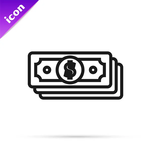 Zwarte lijn stapelt papieren geld cash icoon geïsoleerd op witte achtergrond. Bankbiljetten stapelen zich op. Wisselgeld. Vector Illustratie — Stockvector