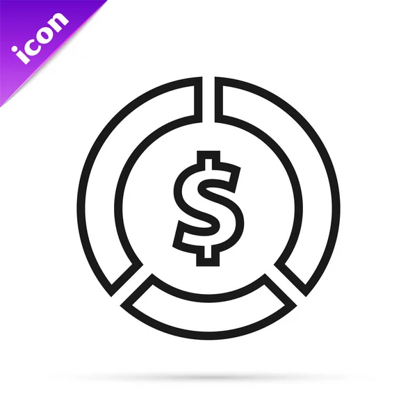 Linha preta Moeda dinheiro com símbolo de dólar ícone isolado no fundo branco. Sinal de moeda bancária. Símbolo. Ilustração vetorial — Vetor de Stock