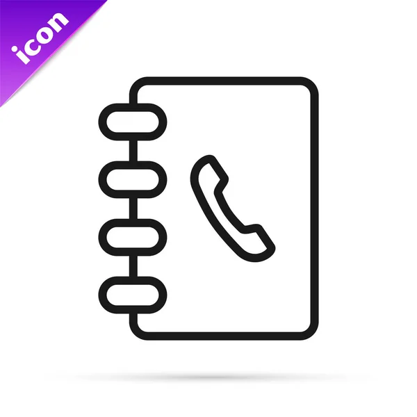 Black line Address book icon isolated on white background. Notebook, address, contact, directory, phone, telephone book icon. Vector Illustration — Stock Vector