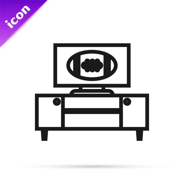 Linha preta de futebol americano no programa de tv e stand ícone isolado no fundo branco. Ilustração vetorial —  Vetores de Stock