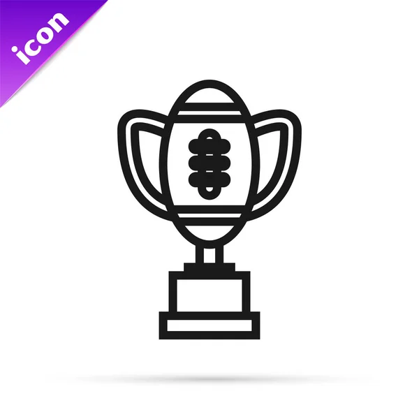 Czarna linia Award Cup i amerykańska ikona piłki nożnej na białym tle. Symbol trofeum zwycięzcy. Trofeum mistrzostw lub konkurencji. Ilustracja wektorowa — Wektor stockowy