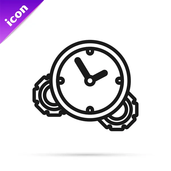 Icono de gestión del tiempo de línea negra aislado sobre fondo blanco. Señal de reloj y engranaje. Símbolo de productividad. Ilustración vectorial — Archivo Imágenes Vectoriales