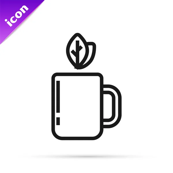 白い背景に隔離された紅茶と葉のアイコンの黒いラインカップ。ベクトルイラストレーション — ストックベクタ