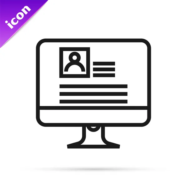 Black line Computer monitor with resume icon isolated on white background. CV application. Searching professional staff. Analyzing personnel resume. Vector Illustration