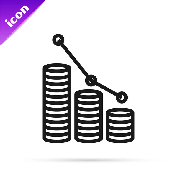 Linha preta gráfico de pizza infográfico e ícone de moeda isolado no fundo branco. Diagrama gráfico sinal. Ilustração vetorial — Vetor de Stock