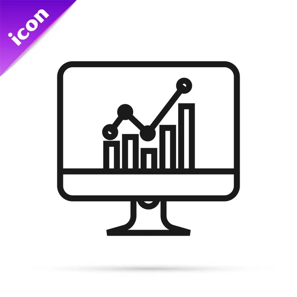 Black line Computer monitor with graph chart icon isolated on white background. Report text file icon. Accounting sign. Audit, analysis, planning. Vector Illustration