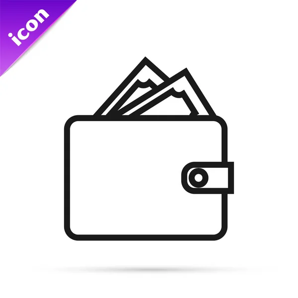 Monedero de línea negra con pilas de papel moneda icono de dinero en efectivo aislado sobre fondo blanco. Icono del bolso. Símbolo de ahorro. Ilustración vectorial — Vector de stock
