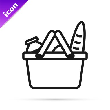 Siyah çizgi Alışveriş sepeti ve beyaz arka plan üzerinde izole gıda simgesi. Yiyecek dükkanı, süpermarket. Vektör İllüstrasyonu