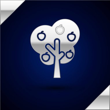 Koyu mavi arka plan üzerinde izole elma simgesi ile Gümüş Ağaç. Tarım tesisi. Organik tarım ürünleri. Bahçe teması. Vektör İllüstrasyonu