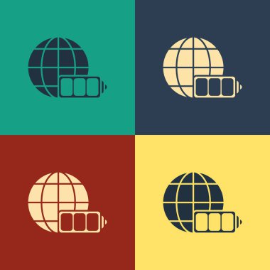 Renk arka planda yalıtılmış dünya küre simgesi ile Renk Pil şarj düzeyi göstergesi. Dünya veya Dünya işareti. Vintage tarzı çizim. Vektör İllüstrasyonu